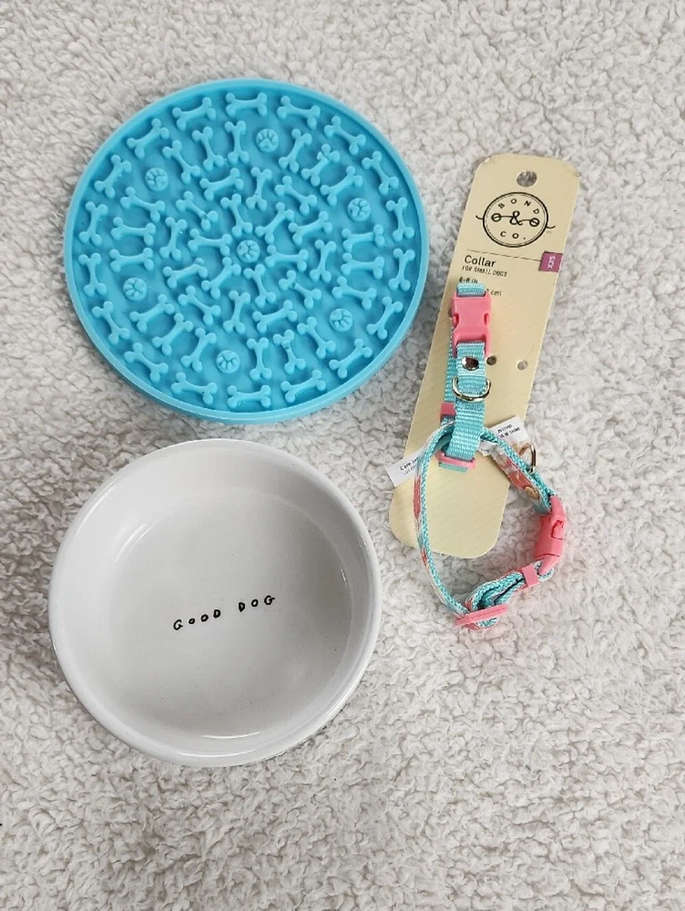 Small Dog Bundle-Blue Silicone Lick Mat, White Ceramic Bowl, 2 Pink/Teal Collars